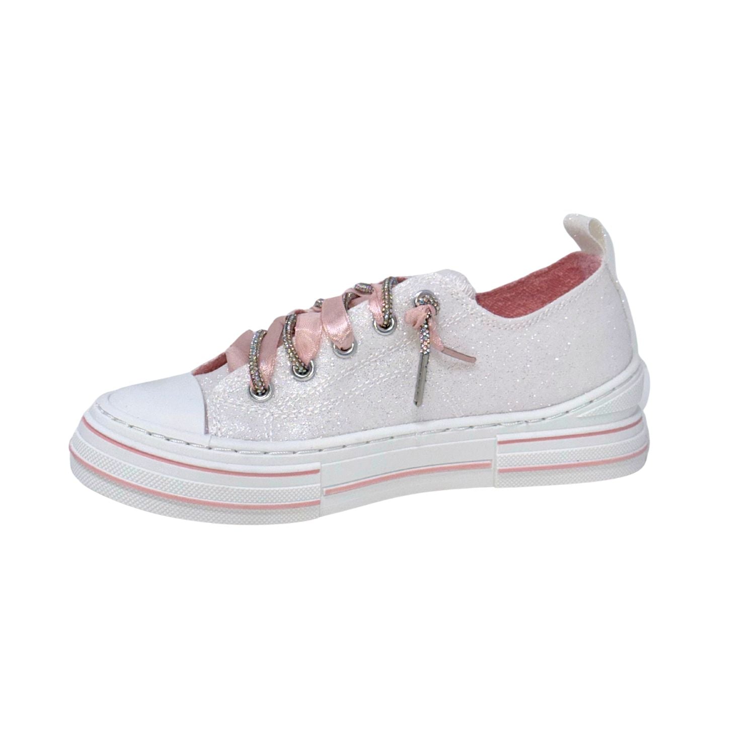 Very G Aman Mary's Version Women's Glitter Rhinestone Lace-Up Sneaker, White/Pink