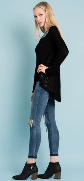 Vocal Womens Long Sleeve Shirt Black High Low Top with Wings