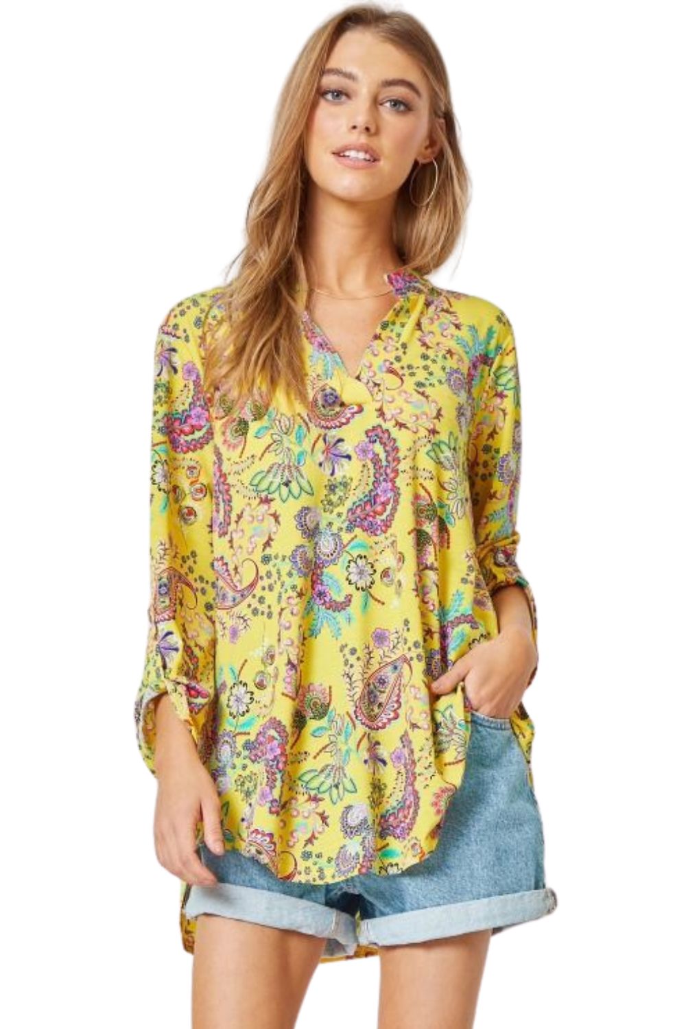 Dear Scarlett Womens Lizzy Relaxed Flowy High Low Blouse, Yellow
