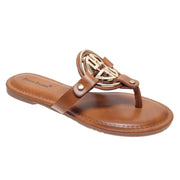 Pierre Dumas Womens Limit-24 Chic Medallion Slip On Sandals- New Tan/Gold