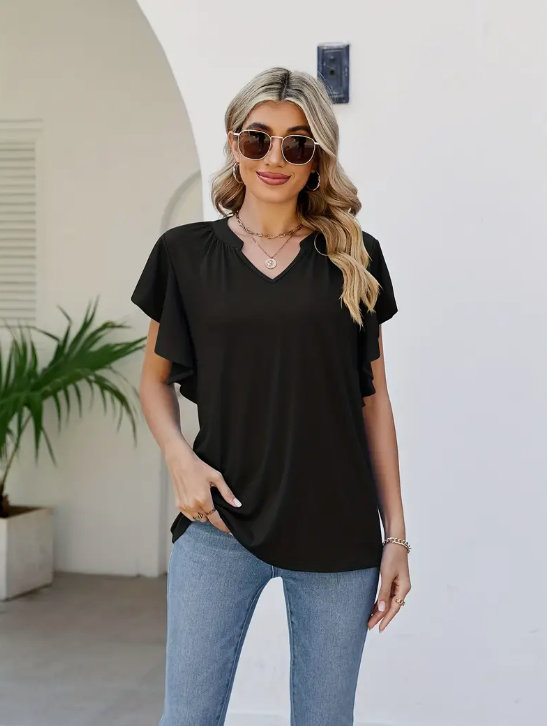 Womens Solid Ruffle Hem Sleeve T-Shirt Blouse, V Neck Short Sleeve
