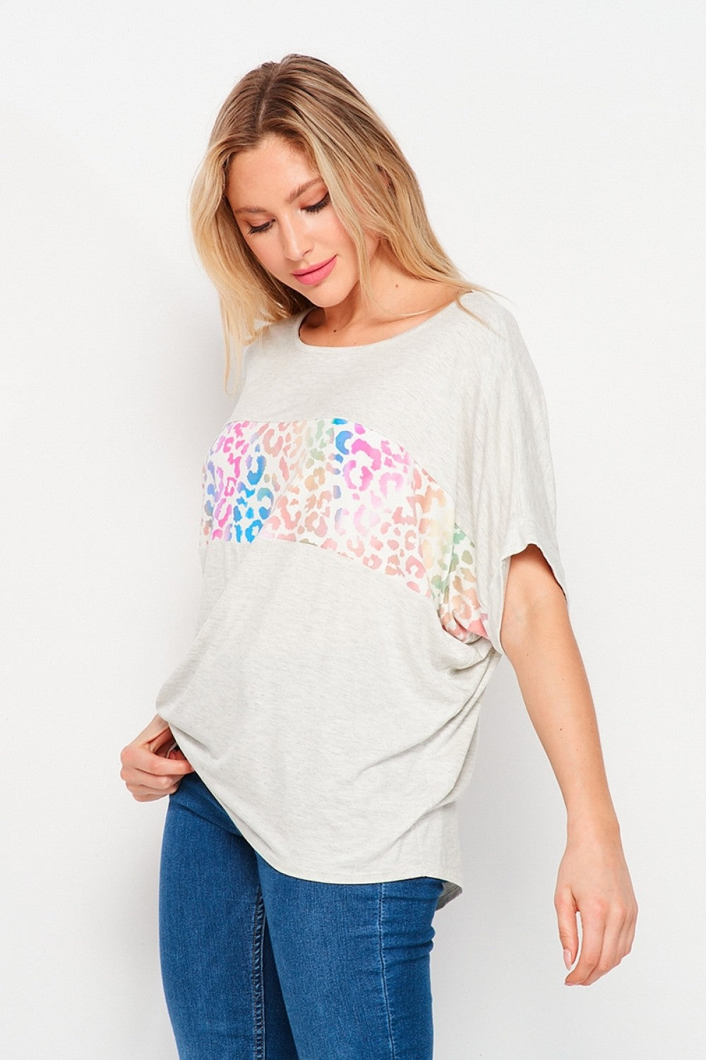 HoneyMe Womens Animal Print Rolled Short Sleeve Top