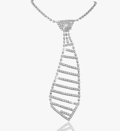 Rhinestone Neck Tie Necklace Clear Silver, 7 1/4"