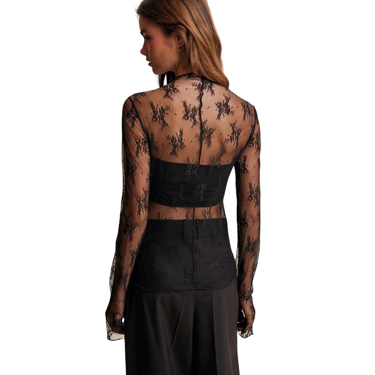 Listicle Women's Sheer Floral Lace Long Sleeve Top, Black