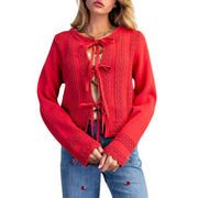 Easel Women's Crochet Trim Tie-Front Cotton Knit Cardigan Sweater, Antique Coral
