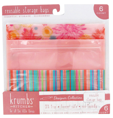 Krumbs Kitchen Designer Reusable Storage Bags, Dishwasher Safe, 6 Pack