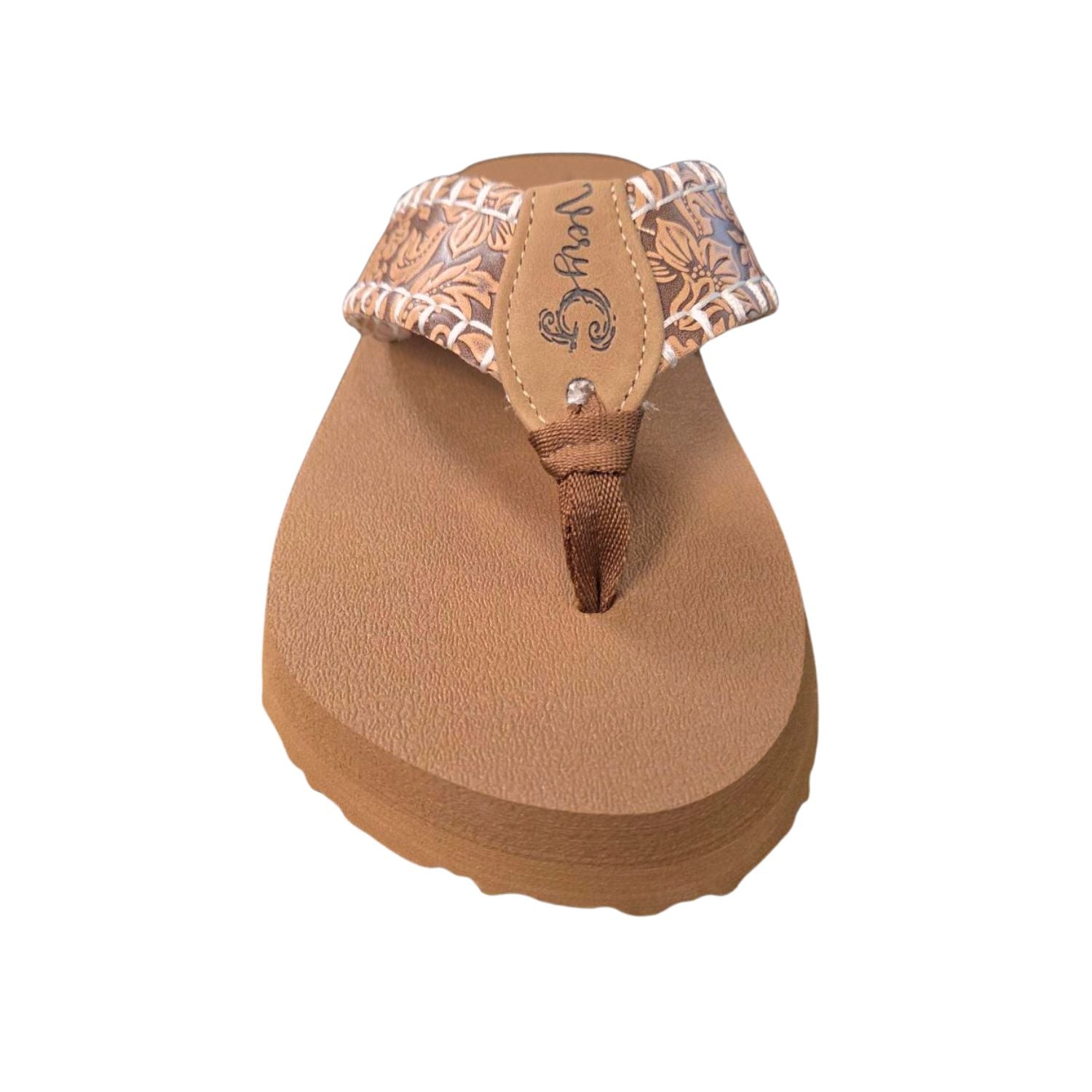 Very G Womens Pamela Western Floral Embossed Leather Strap Flip Flops - Tan