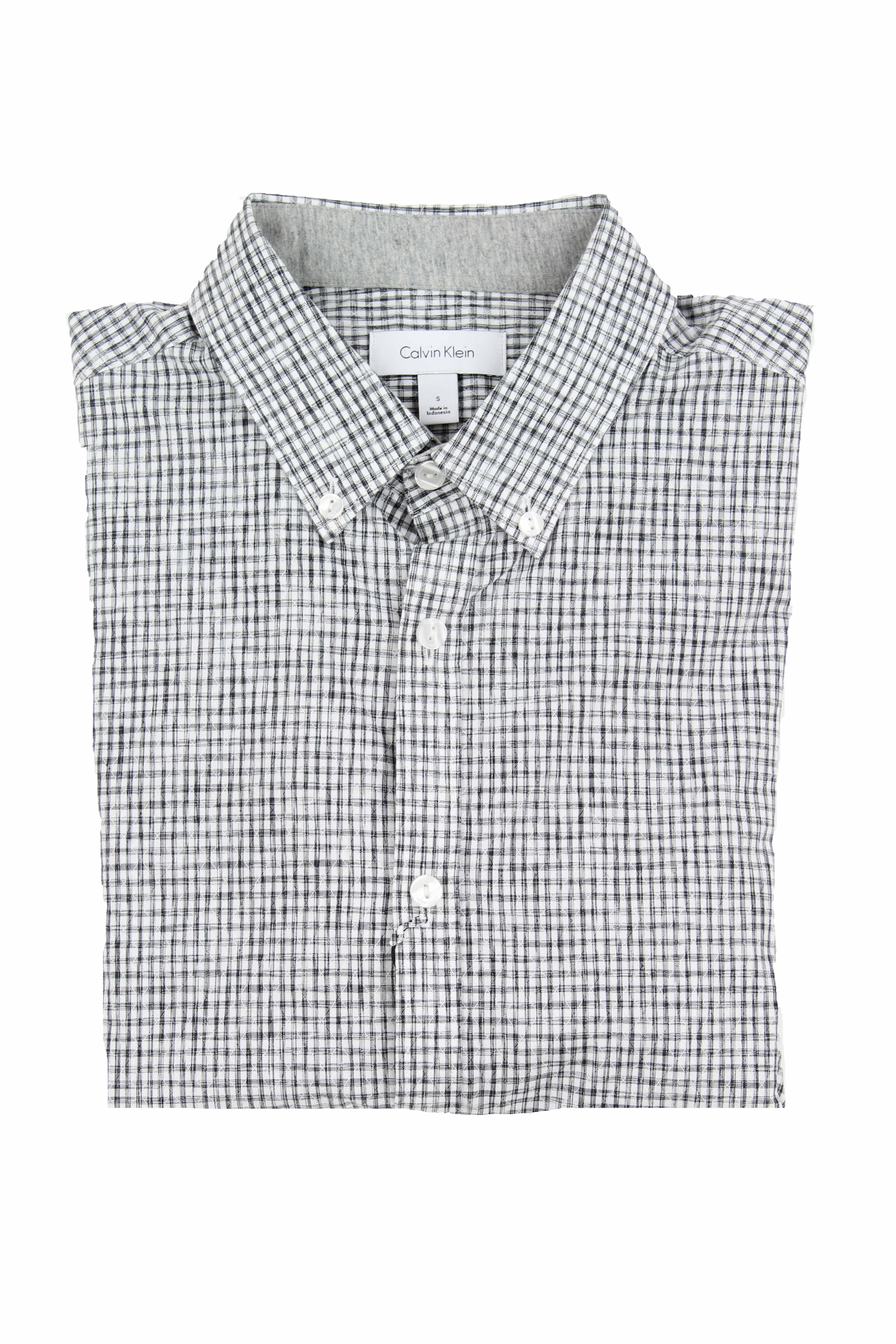 Calvin Klein Mens Dobby Long Sleeve Dress Shirt (Black/White Mini Plaid, S)