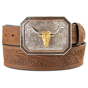 Ariat Mens Longhorn Motif Buckle Floral Embossed Leather Belt, Brown