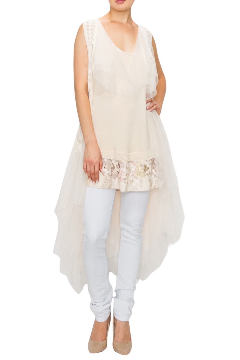 Origami Womens Mesh and Crochet Tulle Tiered Vest, Natural