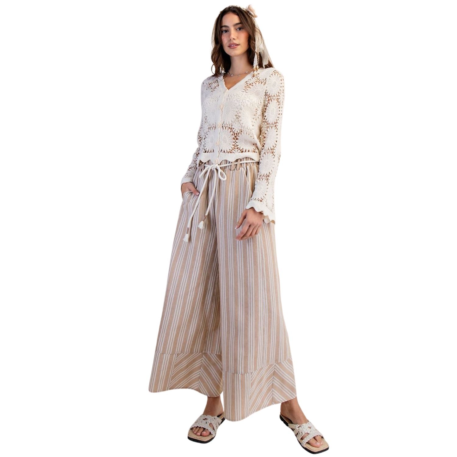 Easel Womens Striped Linen Washed Palazzo Wide Leg Relaxed Fit Pants- Khaki