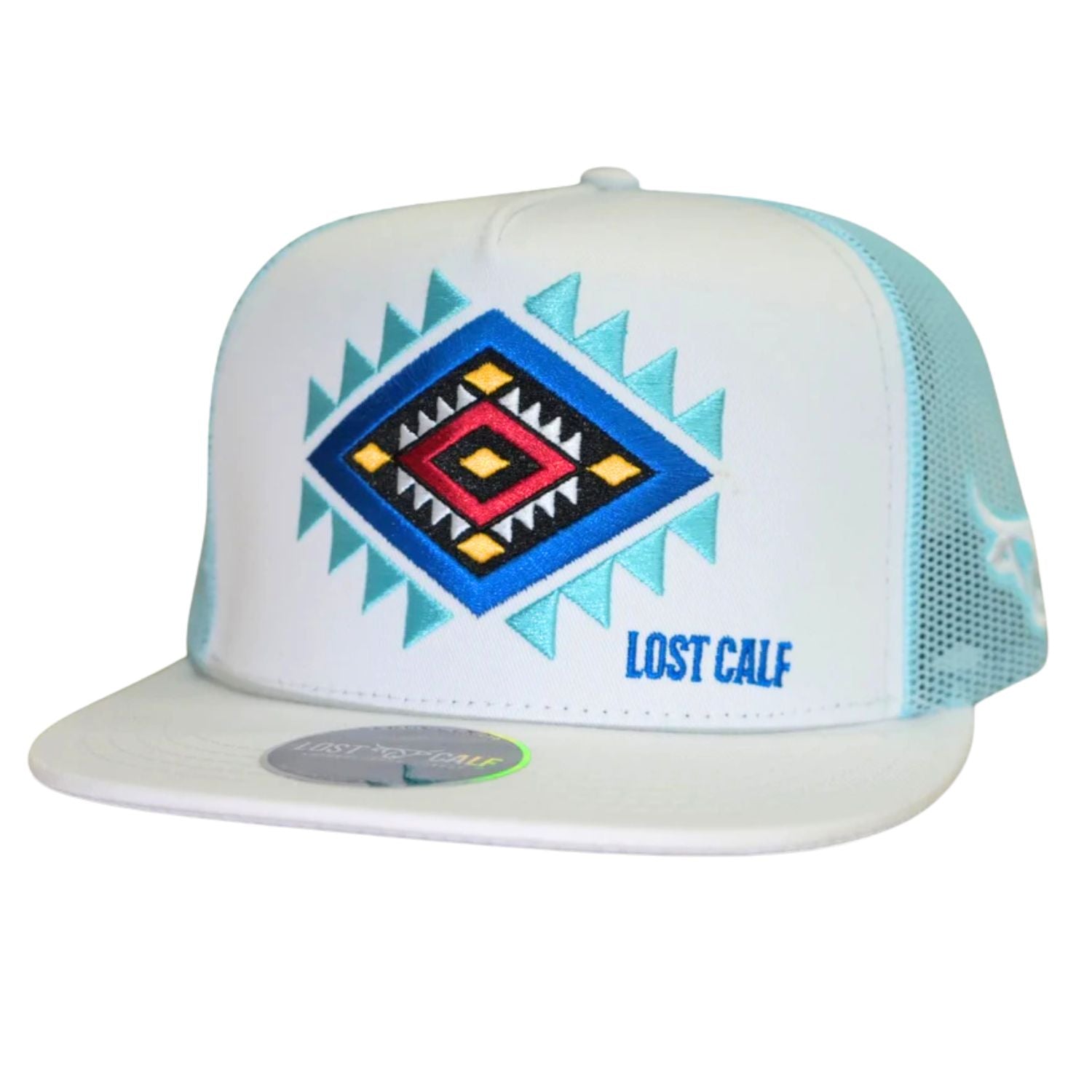 Lost Calf Mens Bullseye Flat Bill Adjustable Snapback Cap Hat, White
