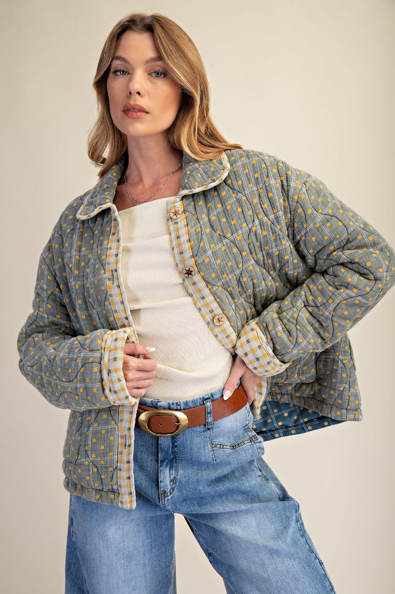 Easel Womens Oversized Gingham and Plaid Quilted Jacket