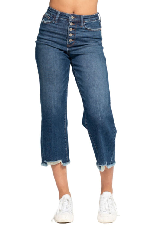 Judy Blue Womens High Waist Button Fly Destroyed Hem Crop Wide Leg Jeans