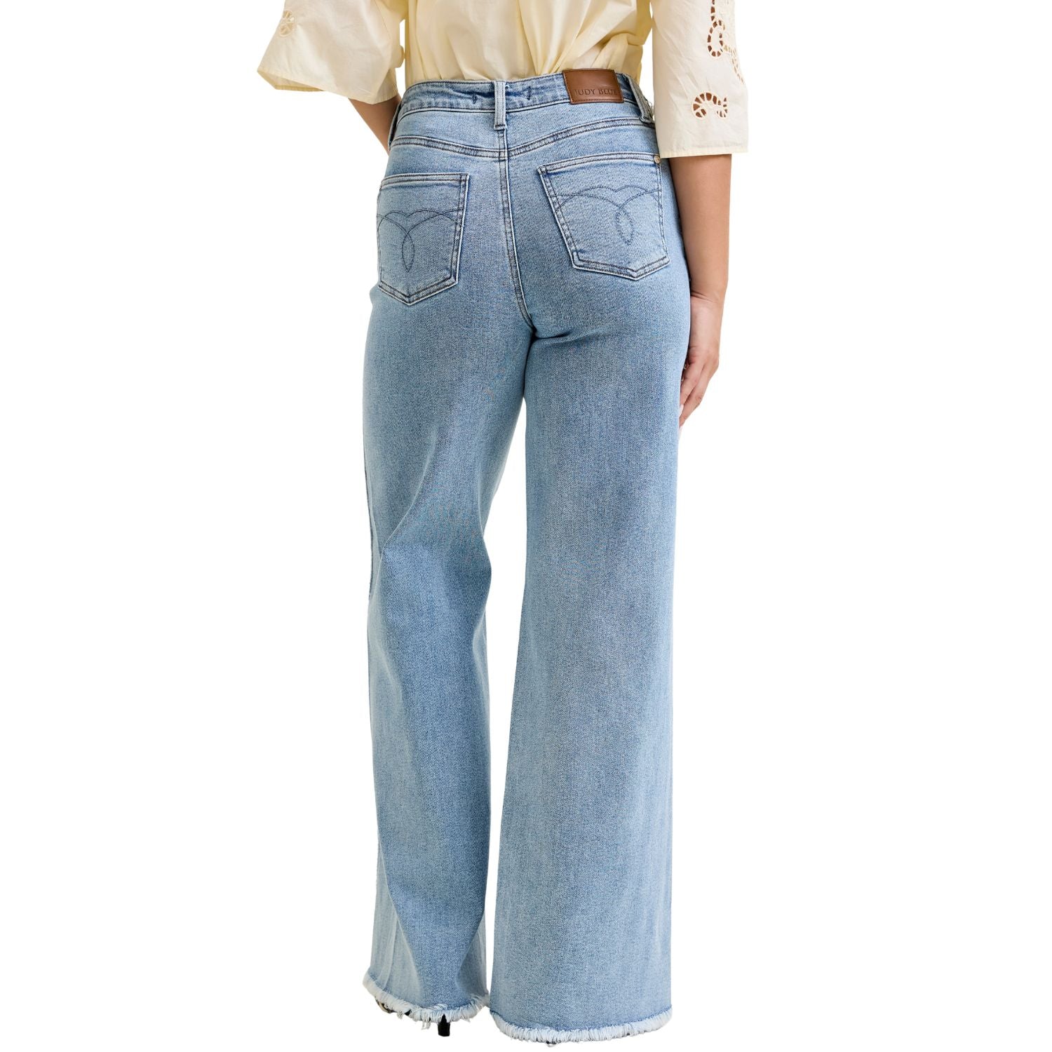 Judy Blue Womens High Waist Retro Wide With Raw Twisted Outseam- Light Wash