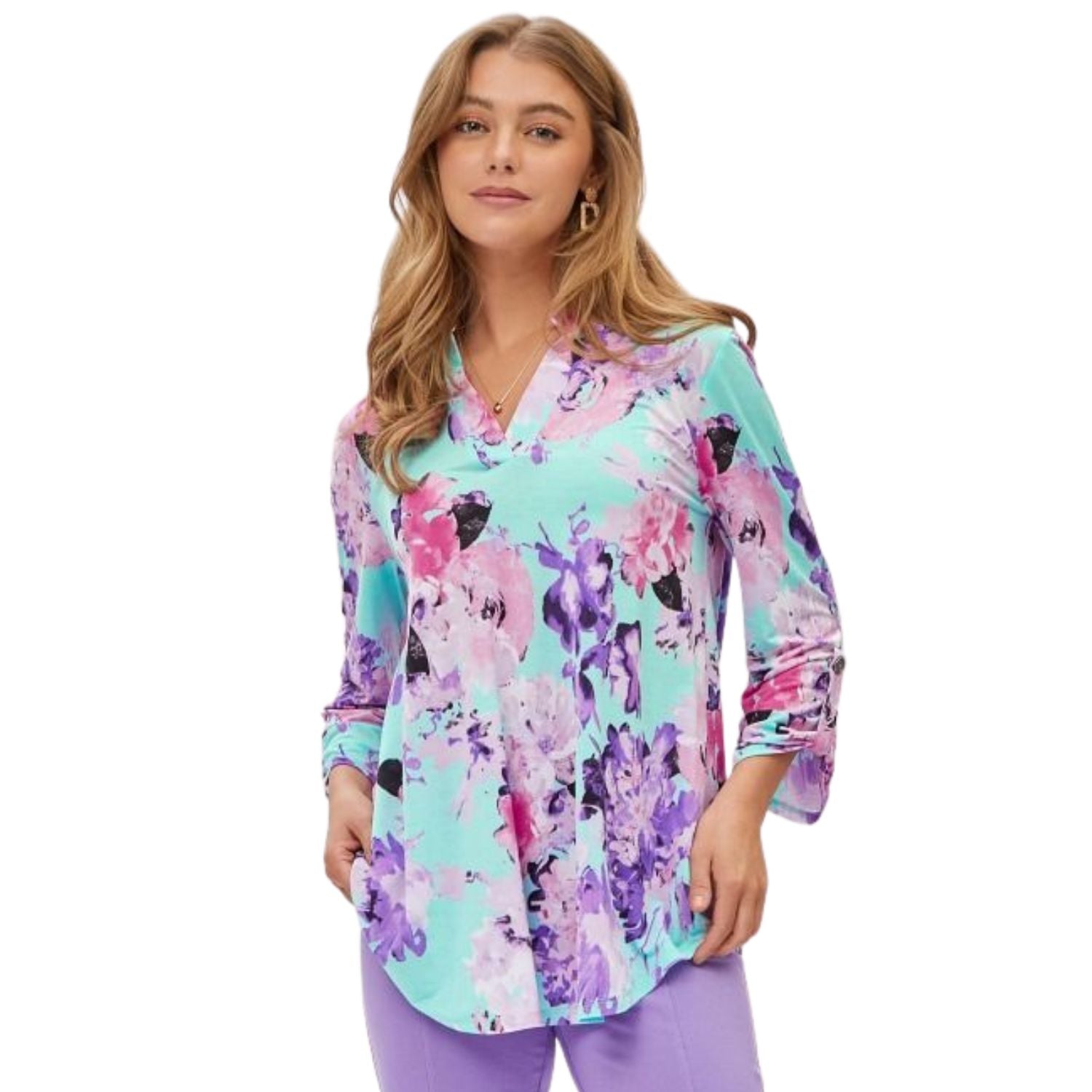 Dear Scarlett Womens Lizzy Relaxed Flowy High Low Blouse, Mint Multi