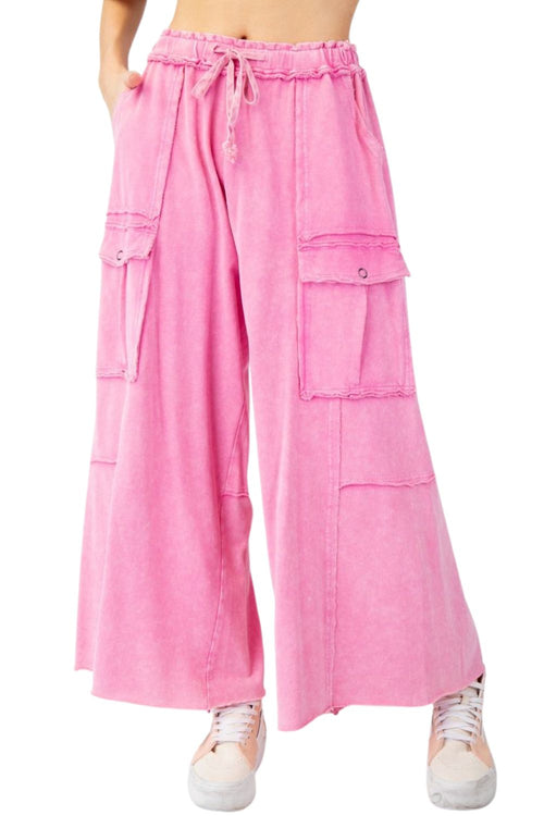 Easel Womens Utility Mineral Washed Wide Leg Cargo Pant, Bubble Gum Pink