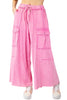 Easel Womens Utility Mineral Washed Wide Leg Cargo Pant, Bubble Gum Pink