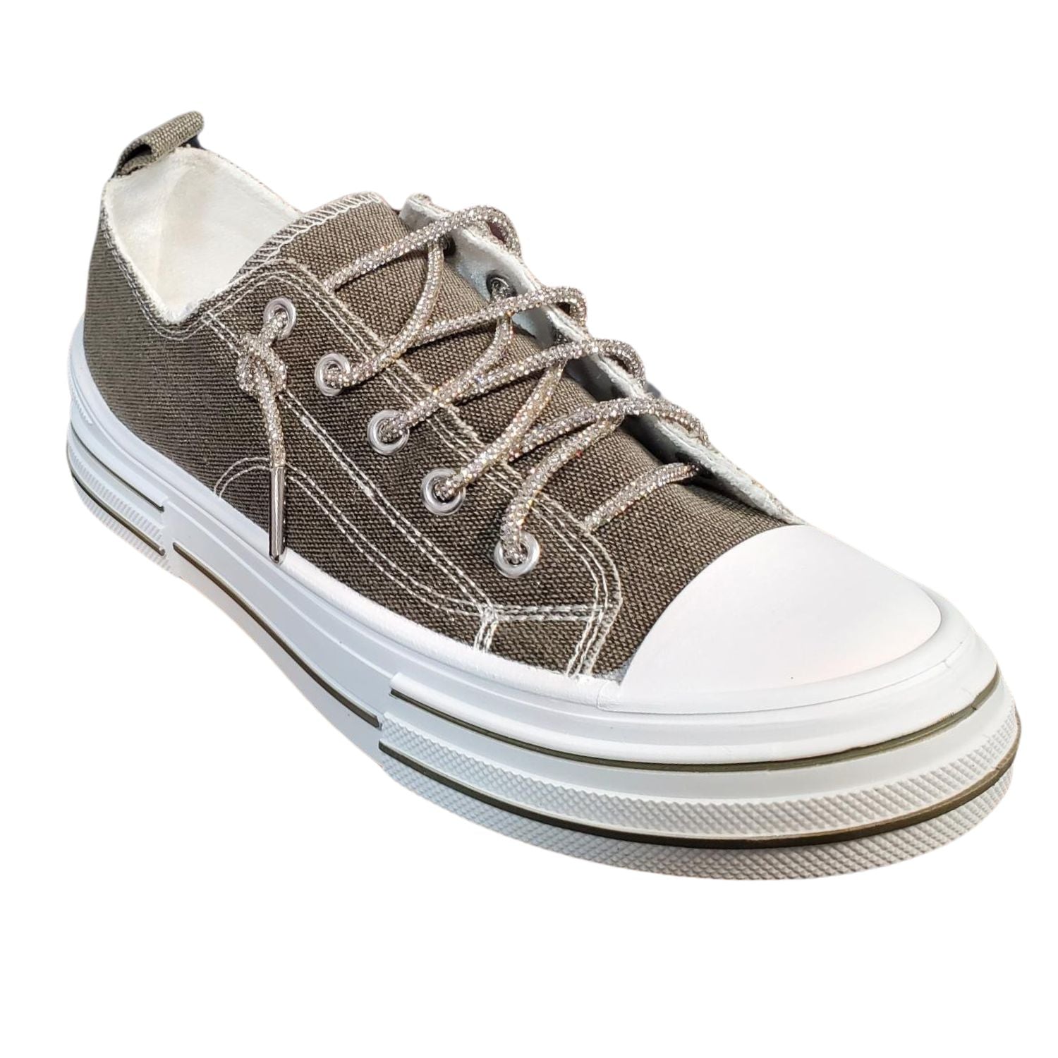 Very G Womens Aman Sparkle Lace Up Canvas Sneaker, Khaki