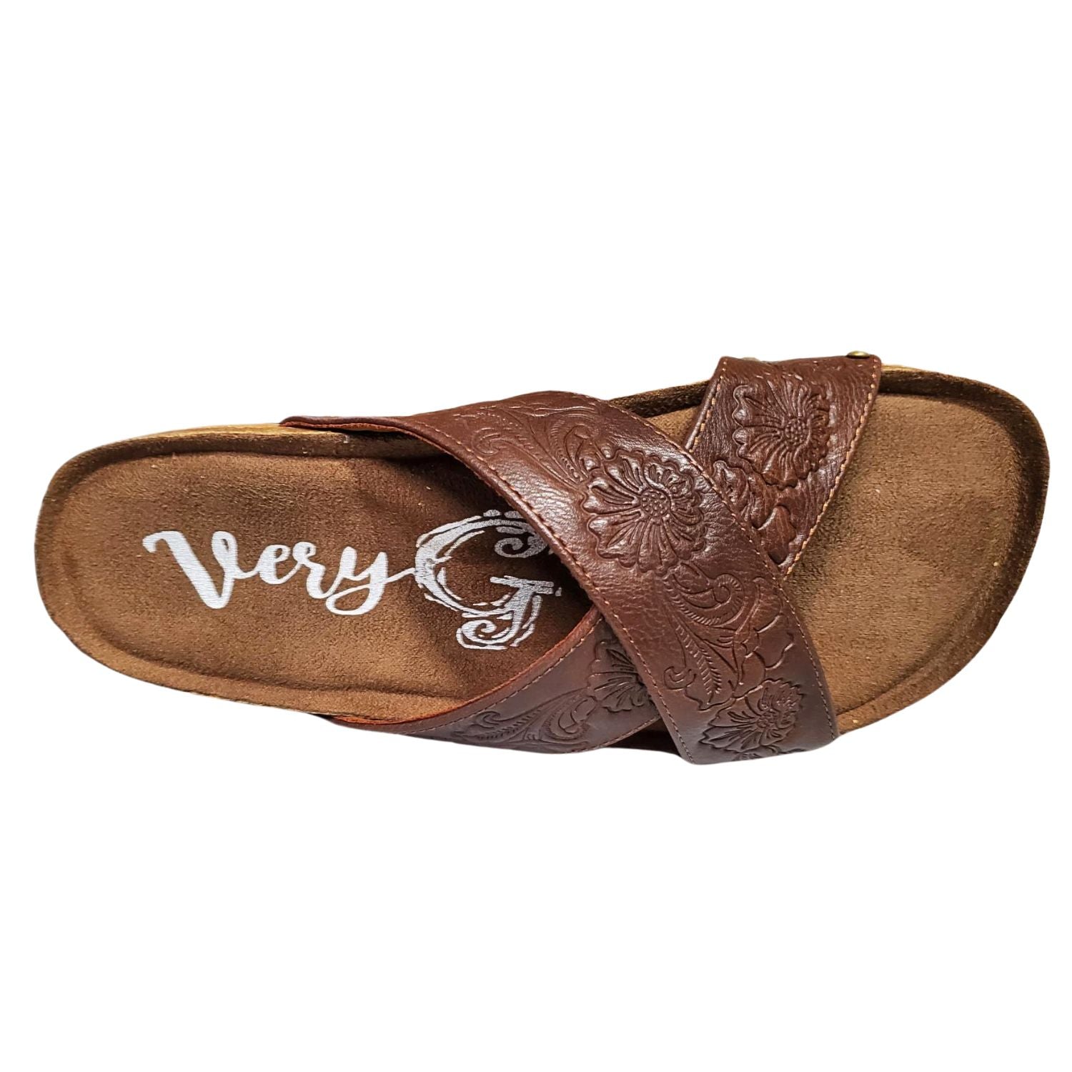 Very G Womens Jaycee 2 Floral Embossed Fashion Slide Sandal, Brown