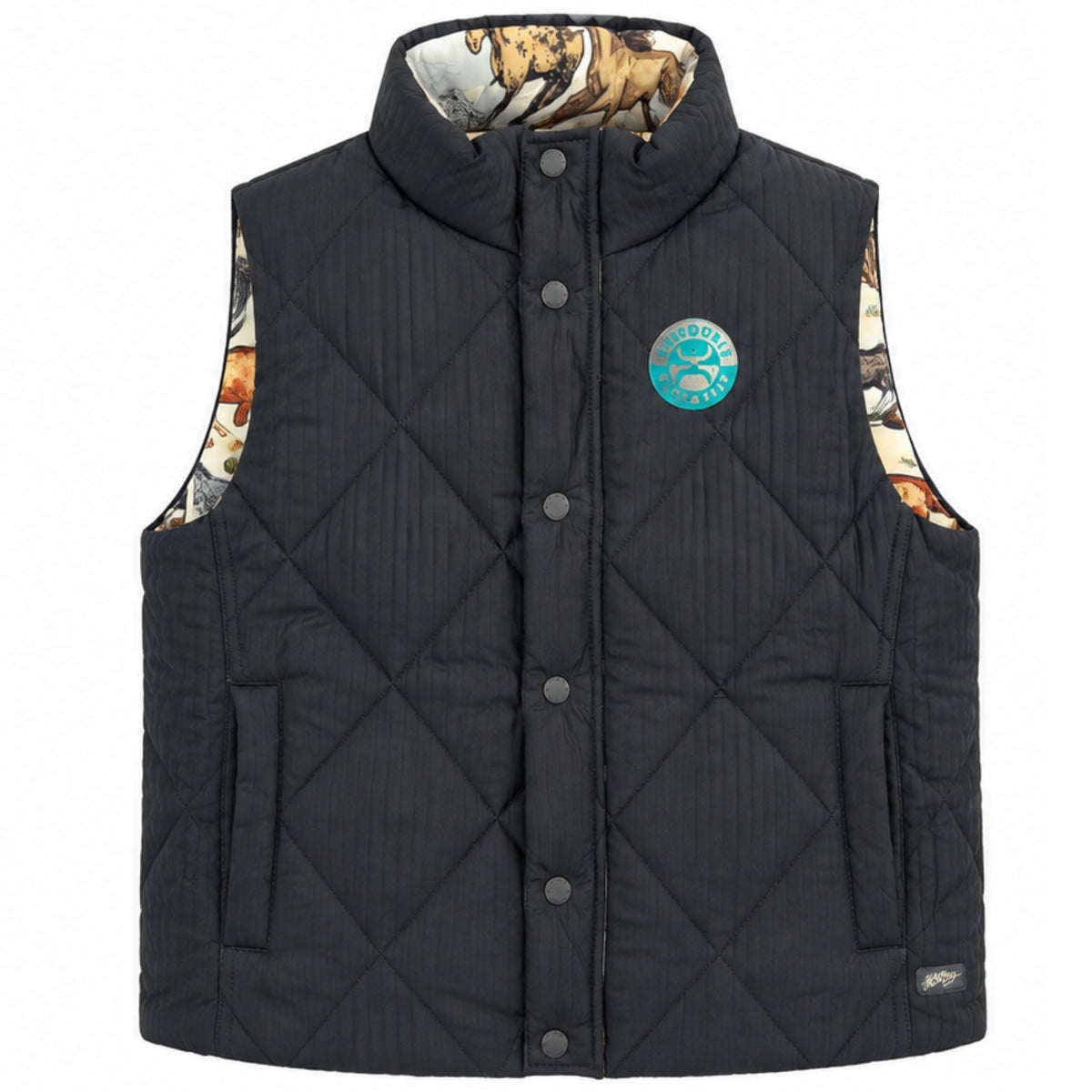 Hooey Youth Cassidy Quilted Reversible Vest, Dark Charcoal/Horse Print