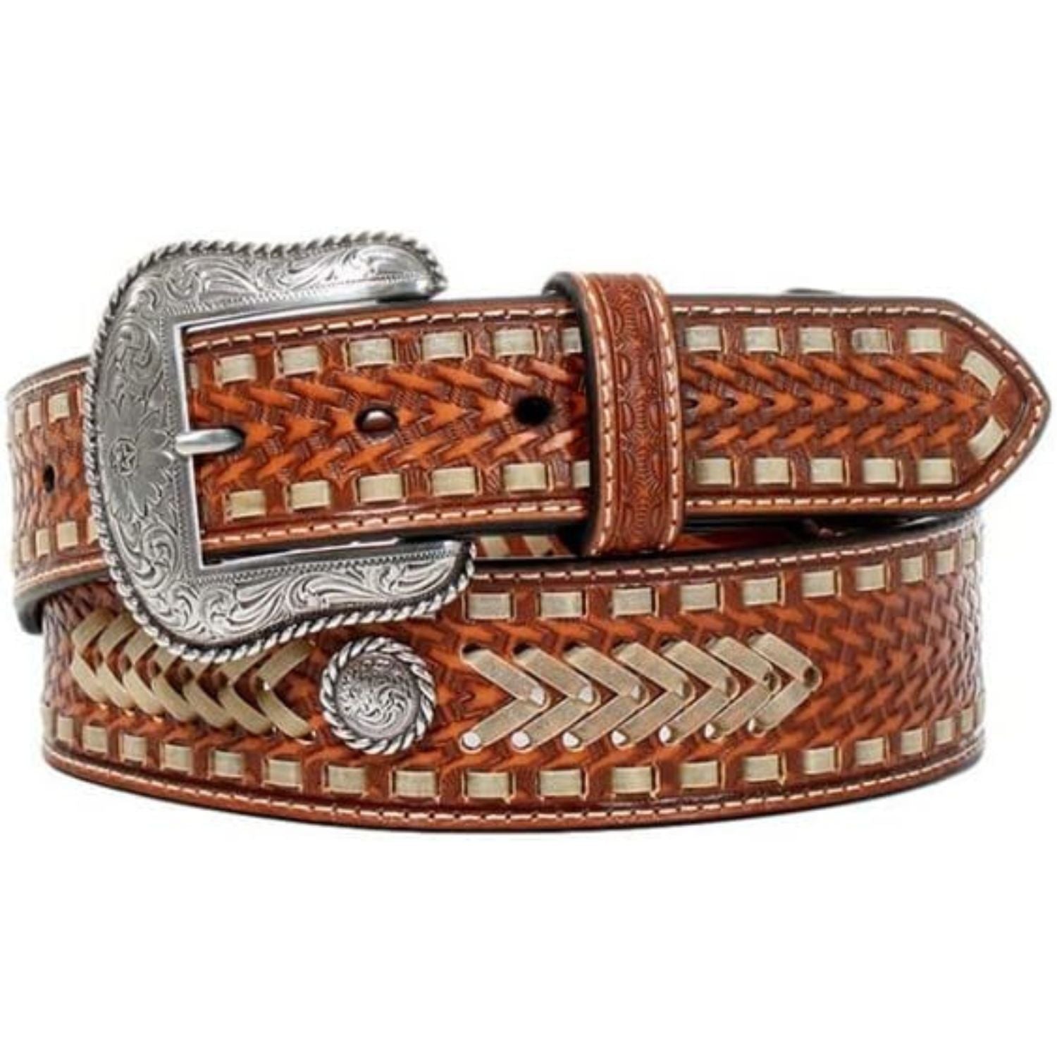 Nocona Mens Basketweave Buck Lace Concho Leather Belt