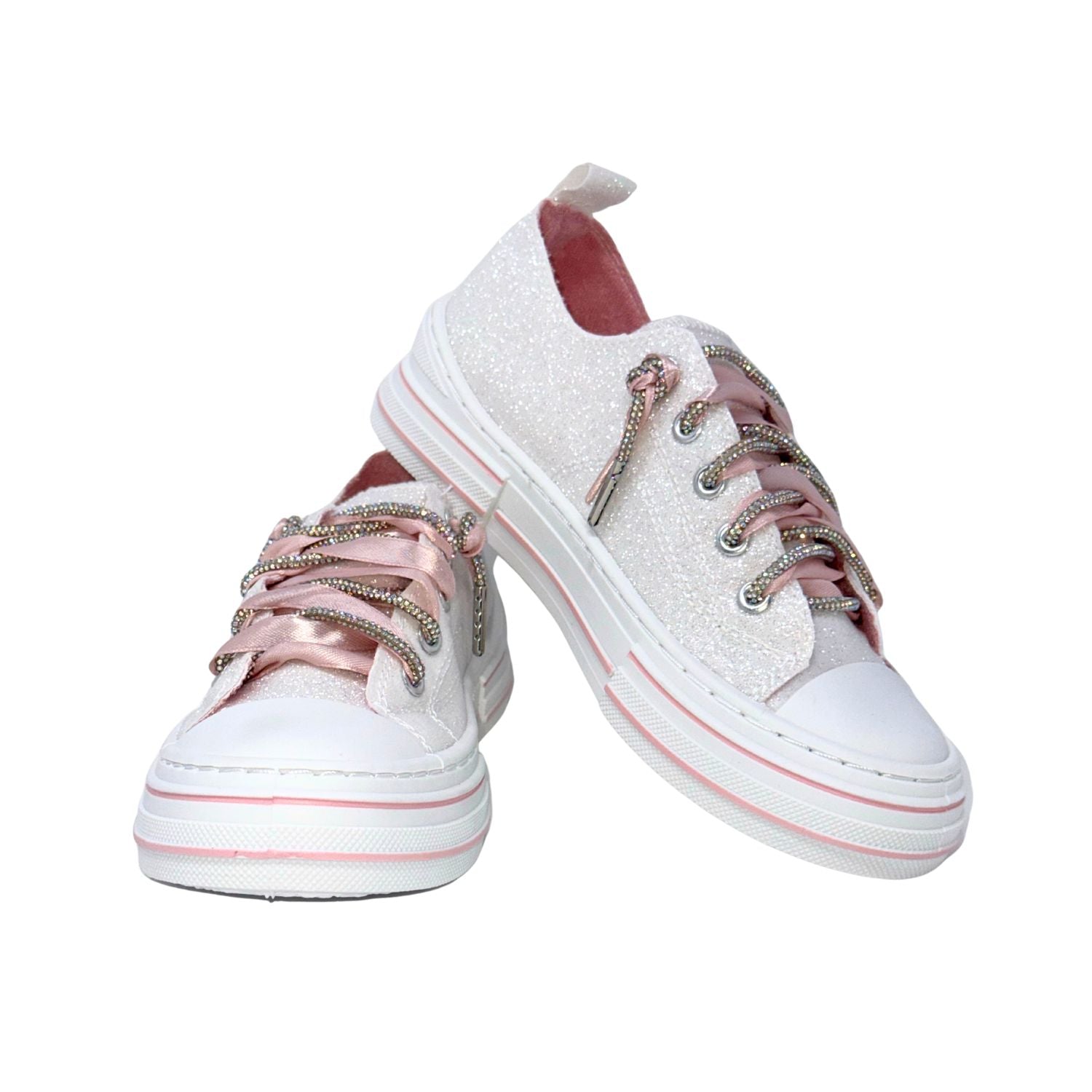 Very G Aman Mary's Version Women's Glitter Rhinestone Lace-Up Sneaker, White/Pink