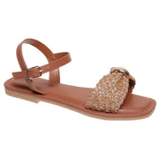 Pierre Dumas Girls Suzana-1 Gold Bow Ornament Flat Sandals- New Tan