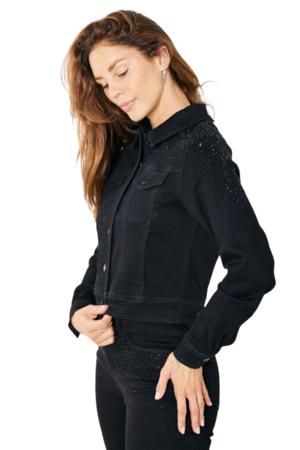 Judy Blue Womens Rhinestone Button Down Denim Jean Jacket