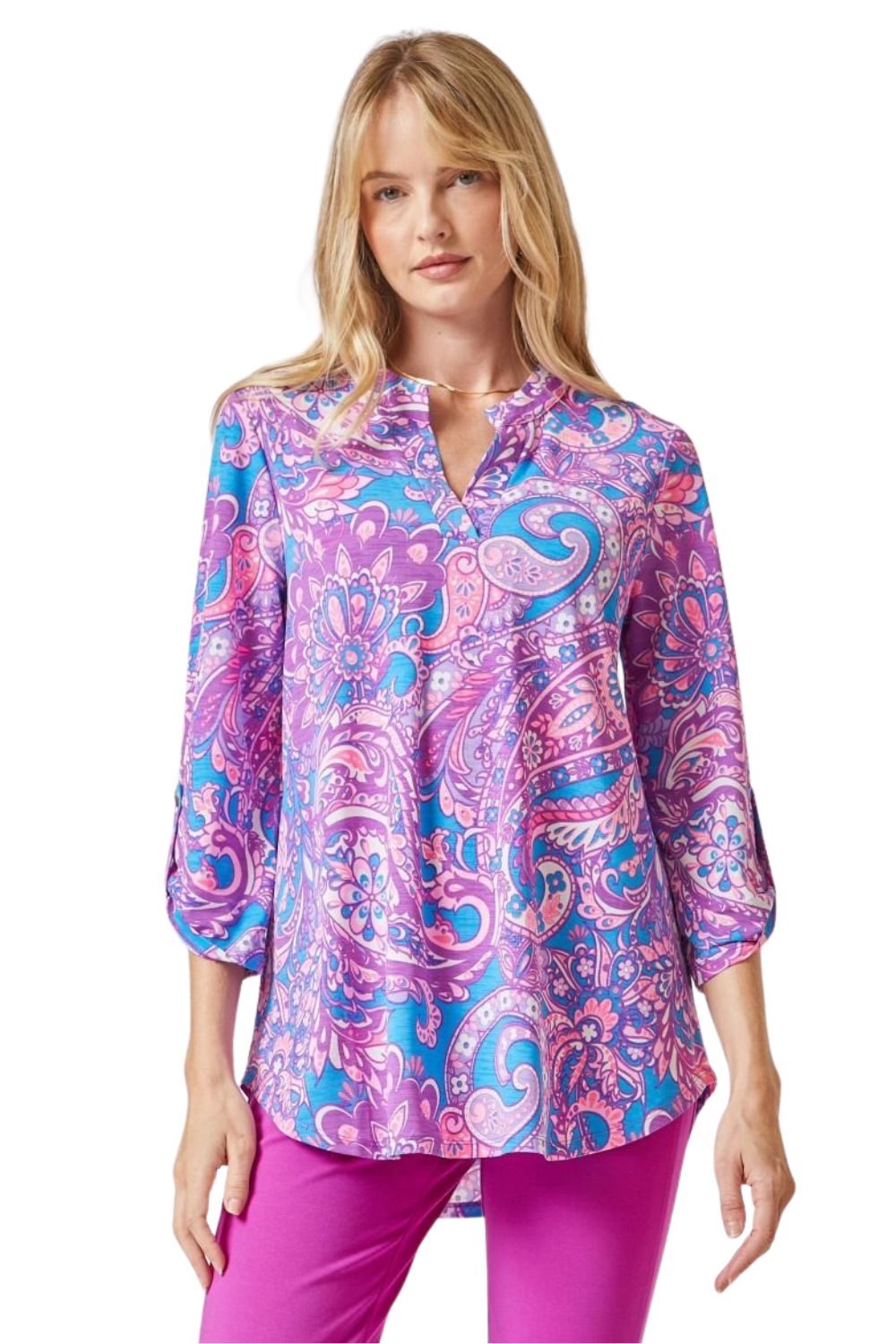 Dear Scarlett Womens Lizzy Relaxed Flowy High Low Blouse, Blue Pink