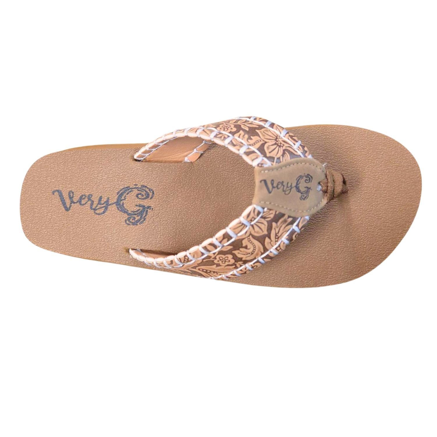 Very G Womens Pamela Western Floral Embossed Leather Strap Flip Flops - Tan