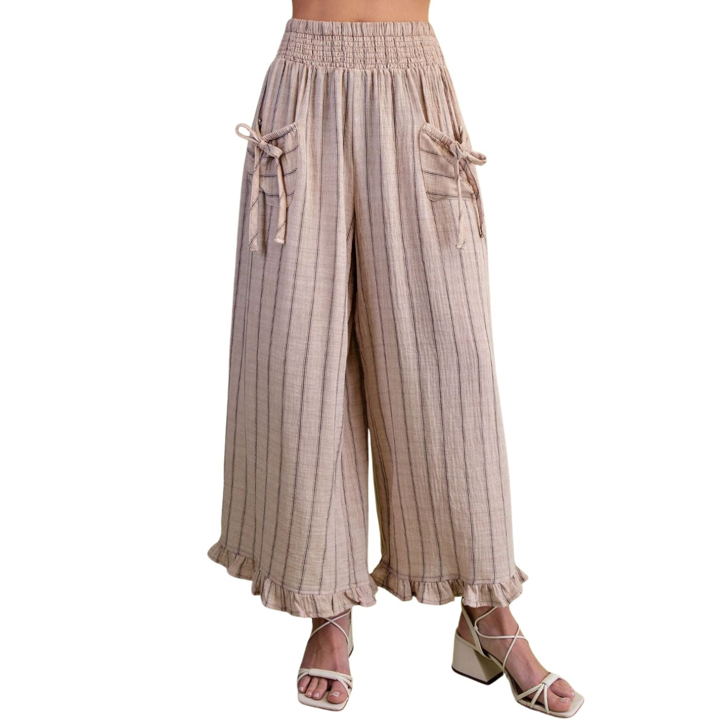 Easel Womens Vertical Striped Cotton Gauze Pants With Ruffle Hem- Mocha