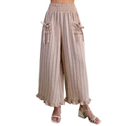 Easel Womens Vertical Striped Cotton Gauze Pants With Ruffle Hem- Mocha