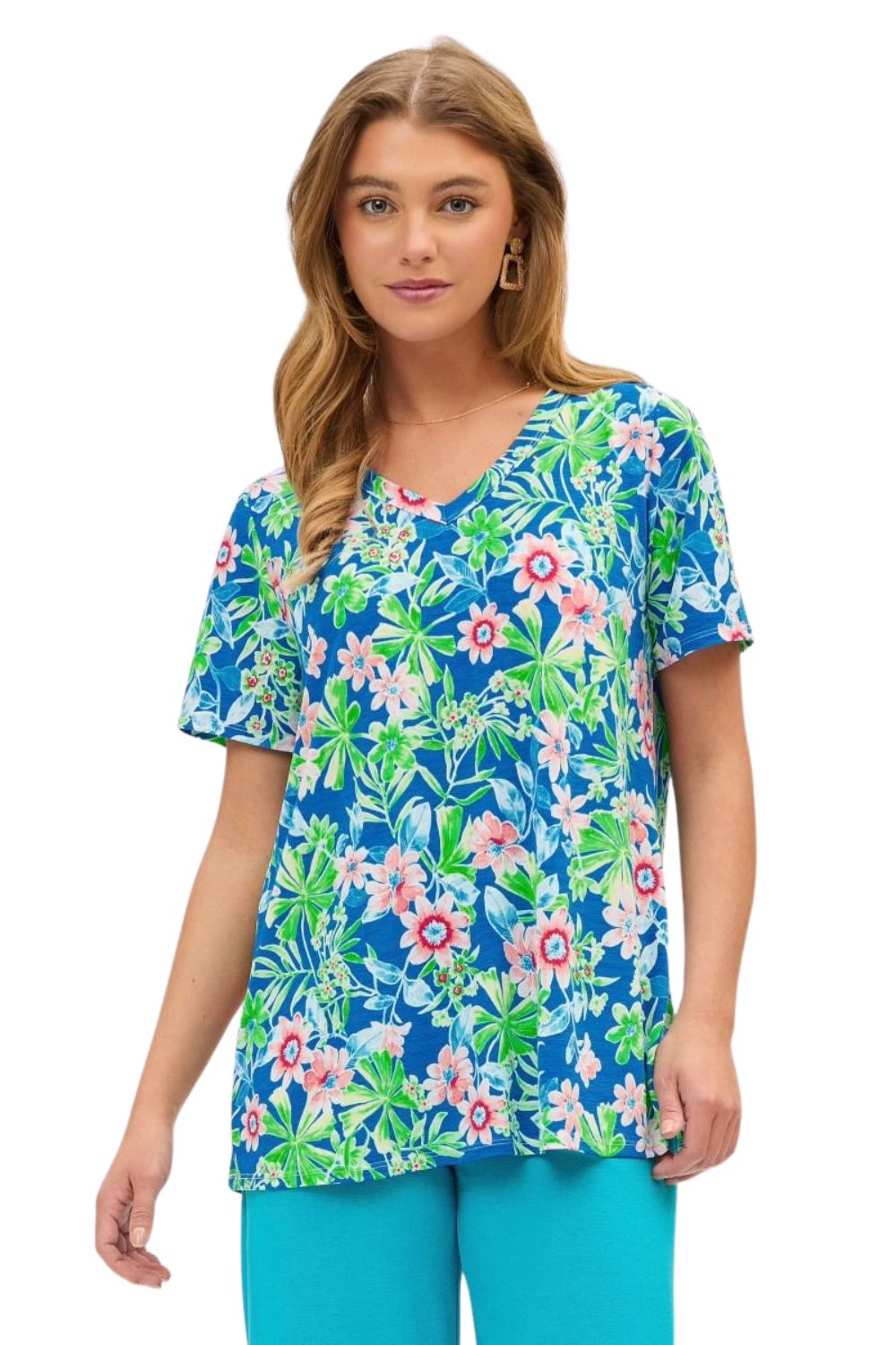 Dear Scarlett Womens Short Sleeve V-Neck Boyfriend Blouse, Royal Blue