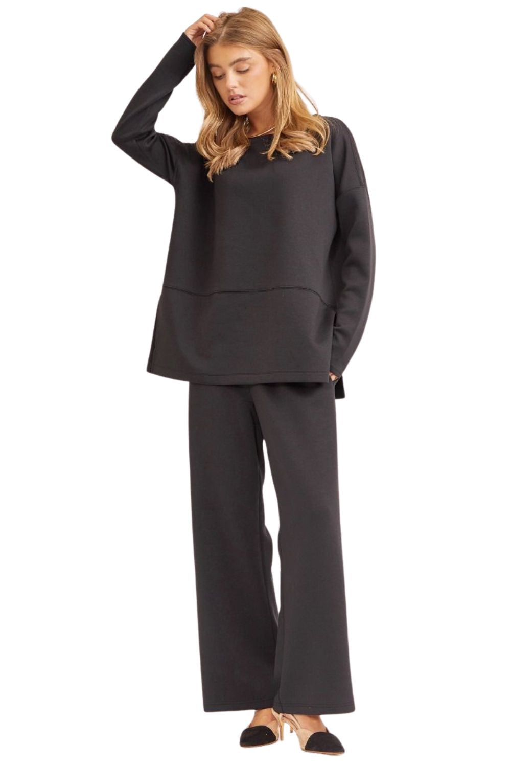 Dear Scarlett Womens Greece Long Sleeve Top with Pants Travel Set, Black