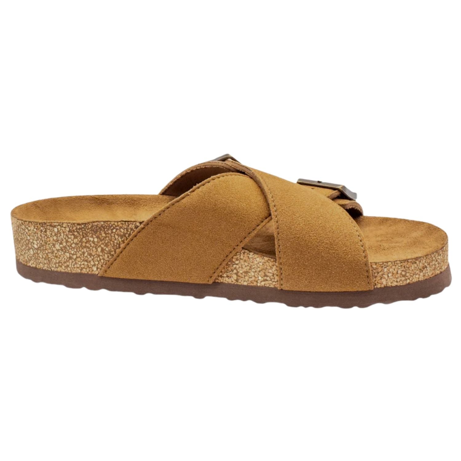 Flojos Womens Wilder Slip On Criss-Cross Straps Memory Foam Sandal, Tan