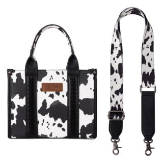 Wrangler Cow Print PU Leather Concealed Carry Tote Crossbody Purse- Black/Cow