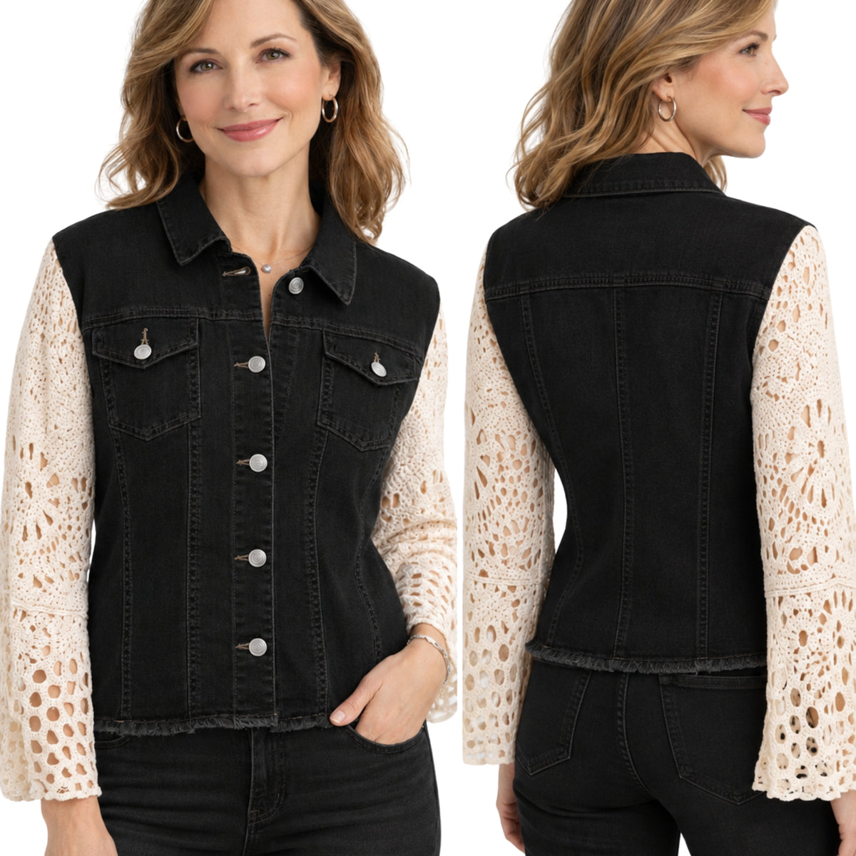 Origami Women's Black Denim Jacket with Natural Crochet Bell Sleeves