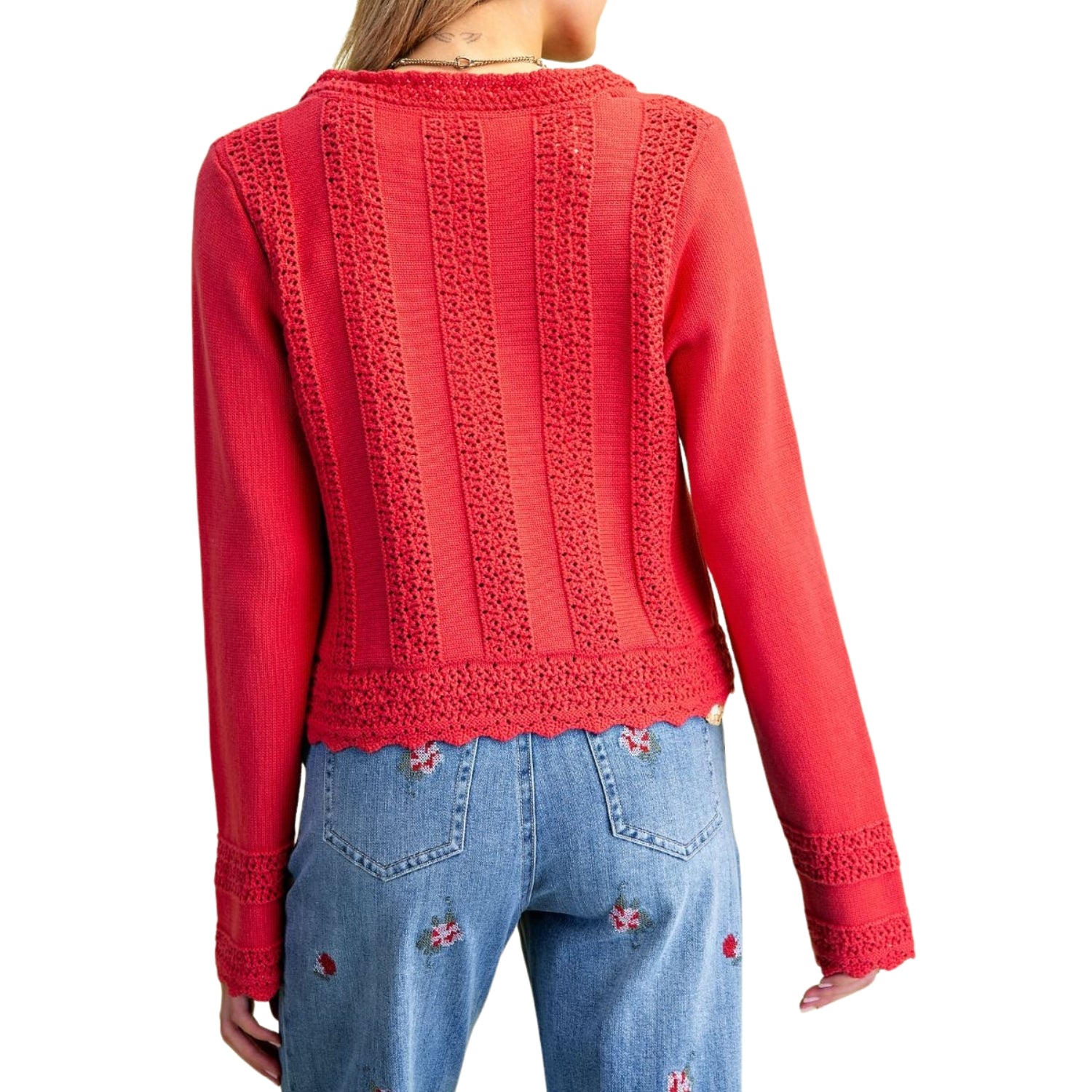Easel Women's Crochet Trim Tie-Front Cotton Knit Cardigan Sweater, Antique Coral