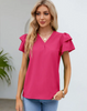Ruffle Trim Solid Women's Blouse, Casual V Neck Layered Ruffle Sleeve