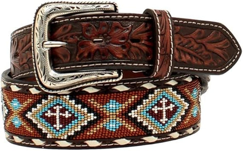 Nocona Men's Floral Tooled Buck Lacing Leather Belt