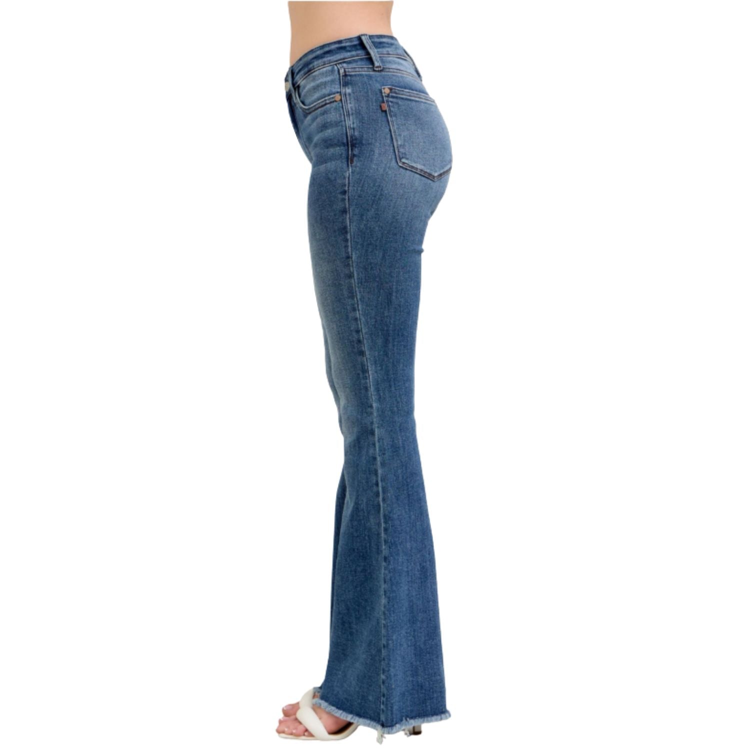 Judy Blue Womens Mid Rise Fray Hem Vintage Wash Flare Jeans