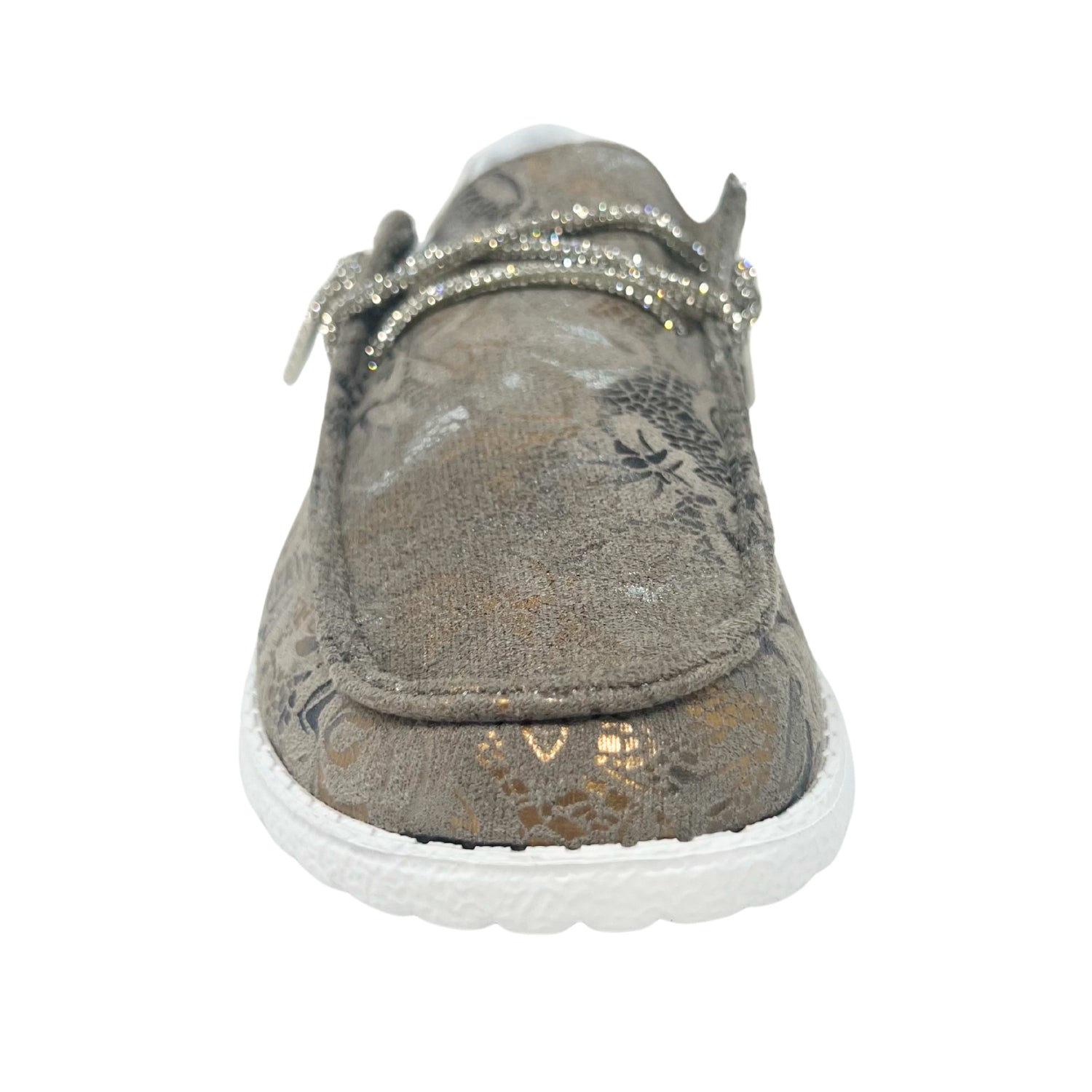 Very G Holly Prints Women's Metallic Floral Loafer w/ Rhinestone Laces, Grey