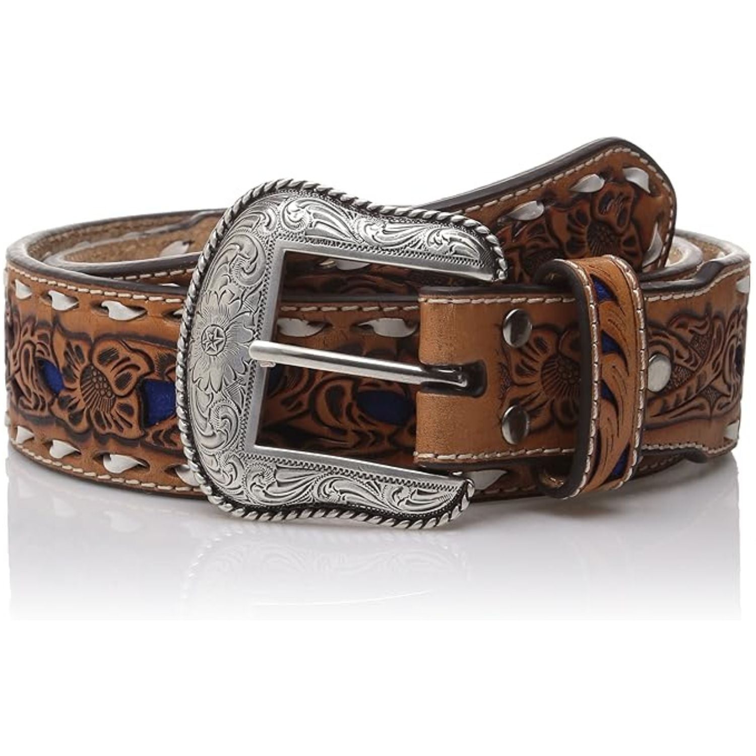 Nocona Mens Floral Embossed Buck Lace Tapered Leather Belt
