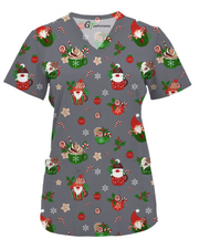 Green Town Womens V-Neck Mock Wrap Scrub Top - Christmas Holiday Prints