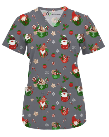 Green Town Womens V-Neck Mock Wrap Scrub Top - Christmas Holiday Prints