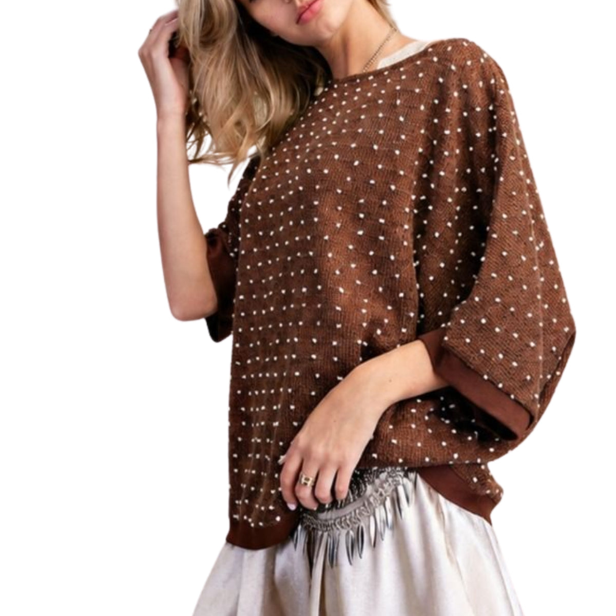 Easel Women's Oversized Polka Dot Hacci Knit Poncho Sweater, Brown