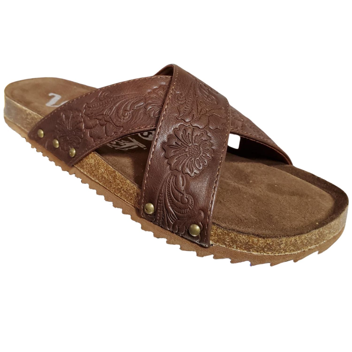 Very G Womens Jaycee 2 Floral Embossed Fashion Slide Sandal, Brown
