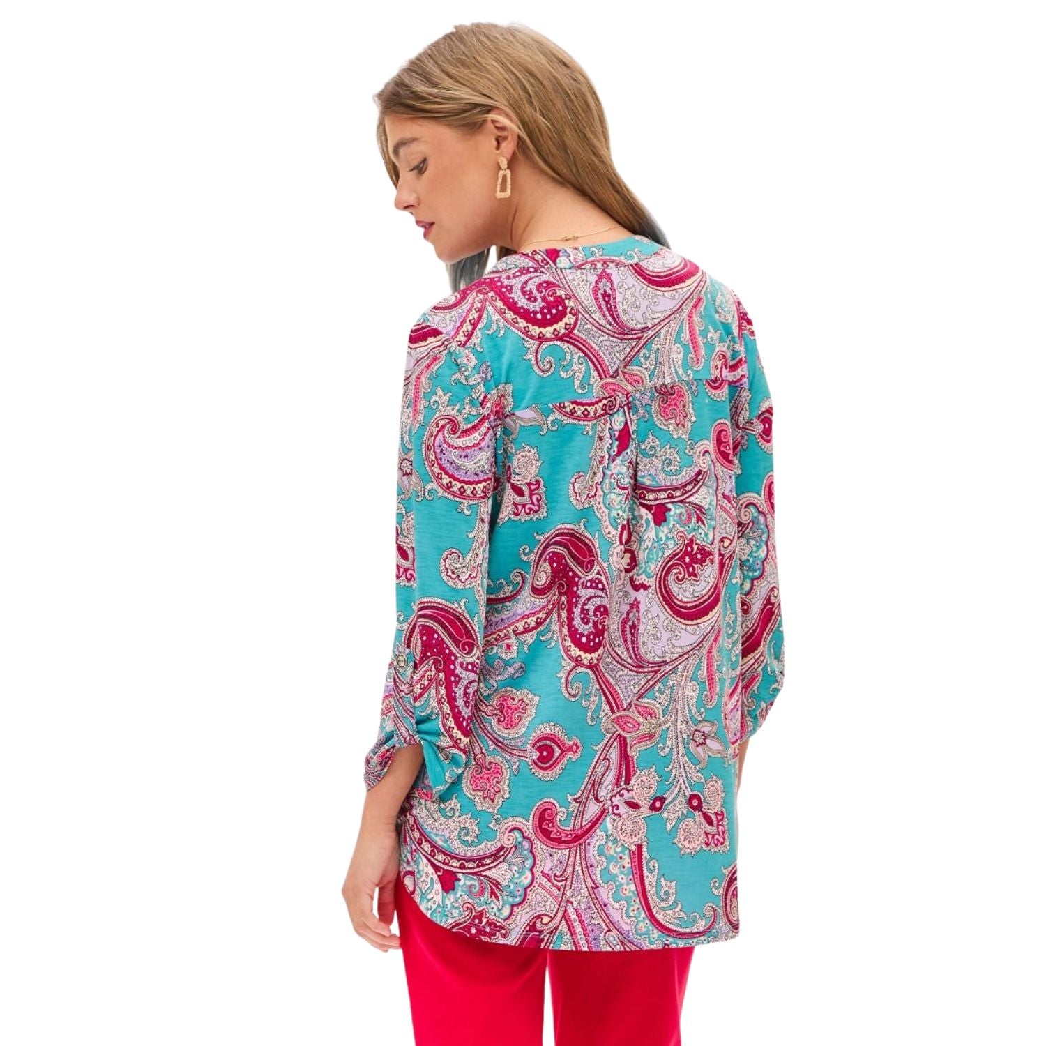 Dear Scarlett Womens Lizzy Relaxed Flowy High Low Blouse, Blue Multi