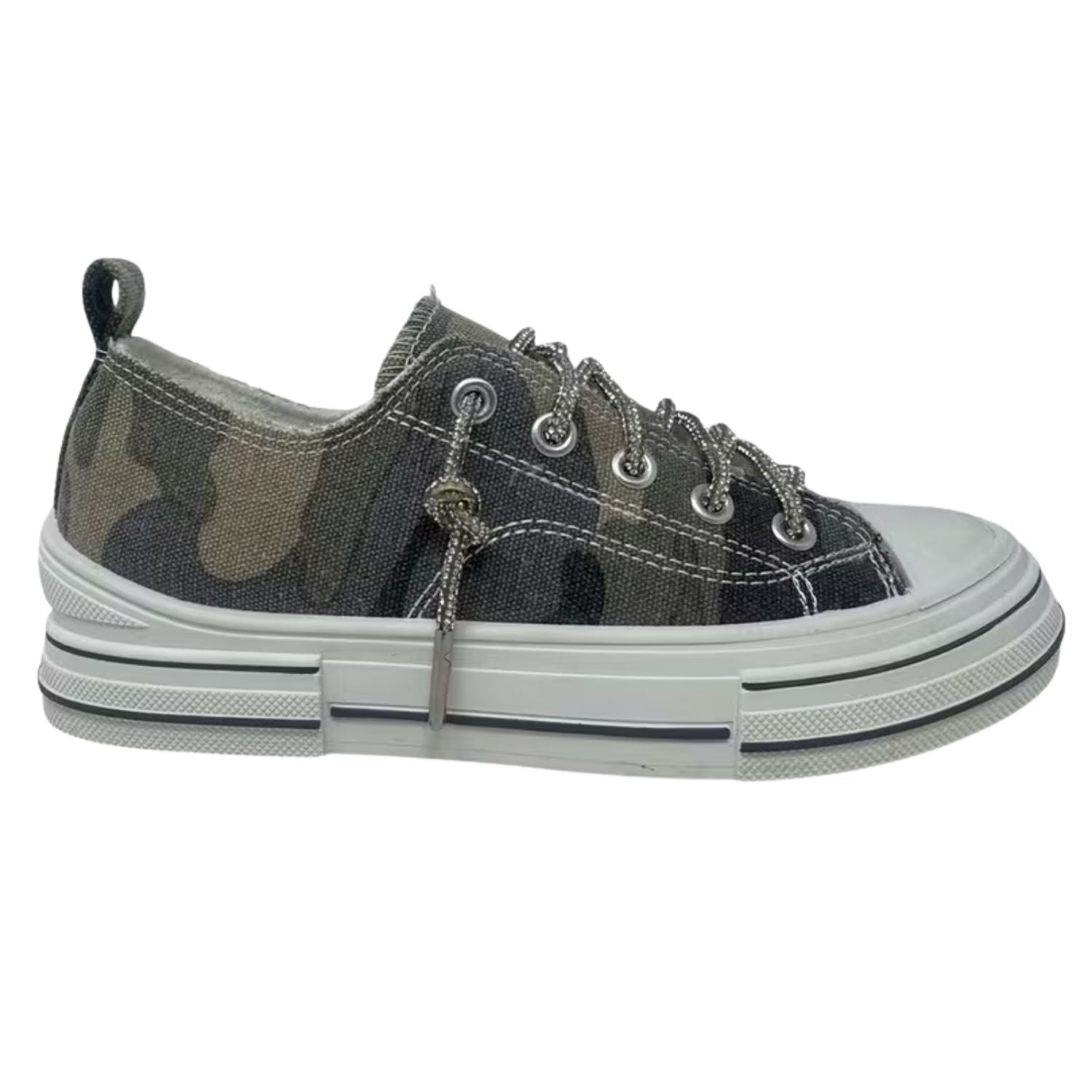 Very G Womens Aman Camo Lace Up Platform Slip On Canvas Sneaker, Khaki